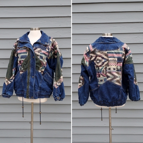 Vintage 90s y2k IZZI Denim Southwest Aztec Patchwork Jacket Parka Style Lg - Picture 1 of 5